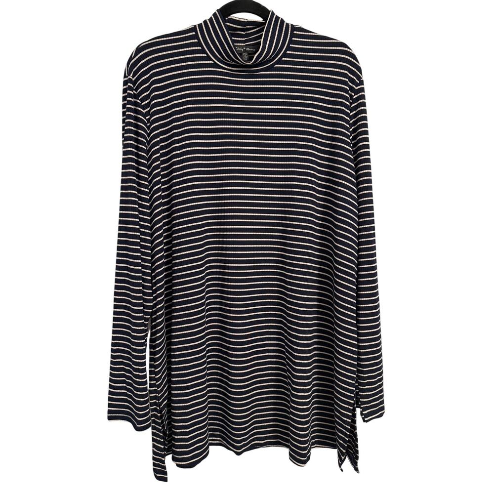 Slinky Brand NWOT Coastal Nautical Navy‎ Ribbed Knit Stripe Mock Neck Tunic 3X